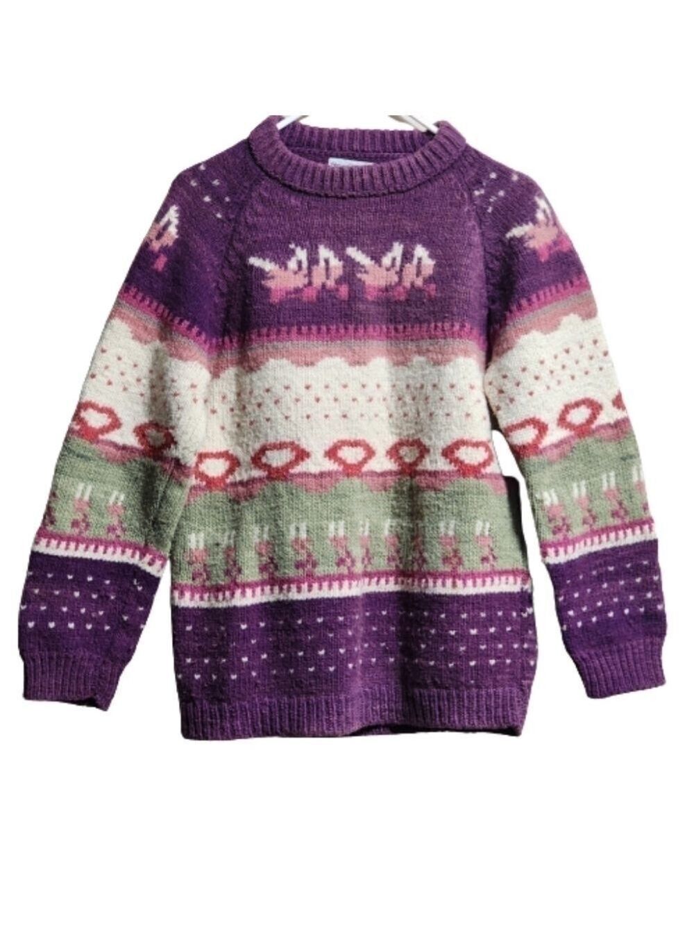 Vintage Handicraft chunky knit wool sweater pullover color purple cream size s/m